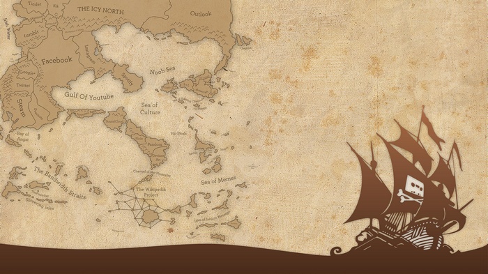 Pirate ship sailing on a vintage map of internet sites