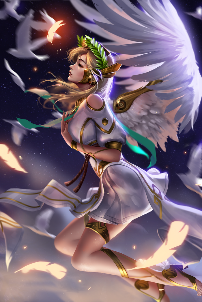 Mercy from Overwatch with wings and laurel wreath