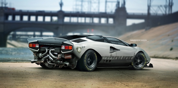 Render of a modified white Lamborghini Countach with exposed engine