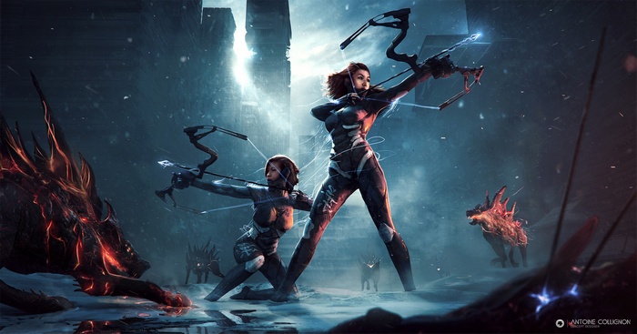 Two female hunters with bows and fiery creatures in a futuristic city