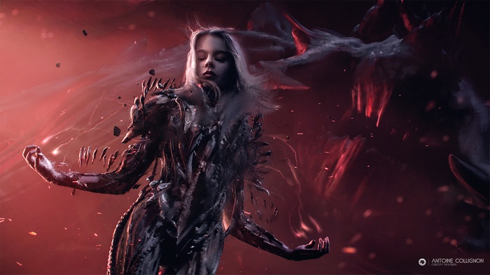 Dark fantasy woman with smoky tendrils and armor