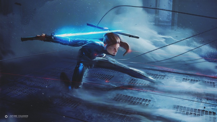 Cyberpunk woman with glowing swords in futuristic setting