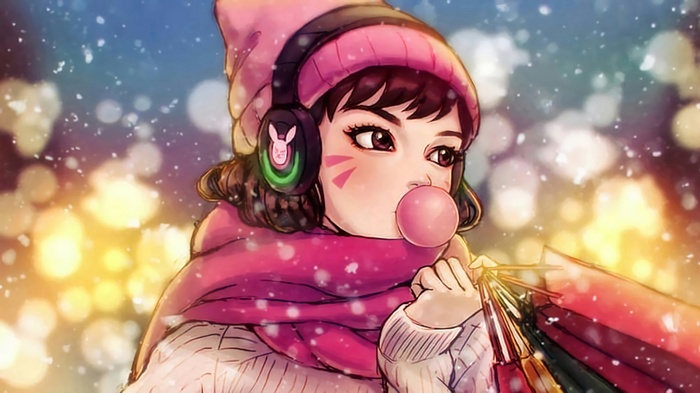 D.Va from Overwatch in winter with shopping bags