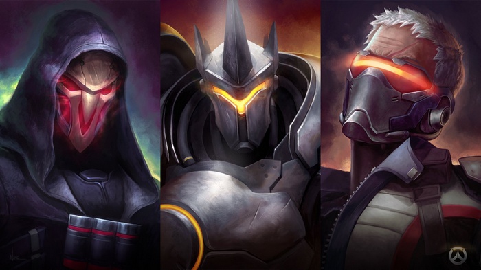 Reaper, Reinhardt, and Soldier: 76 from Overwatch