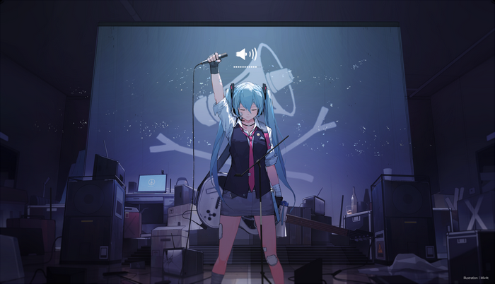 Hatsune Miku singing with microphone in a room with speakers