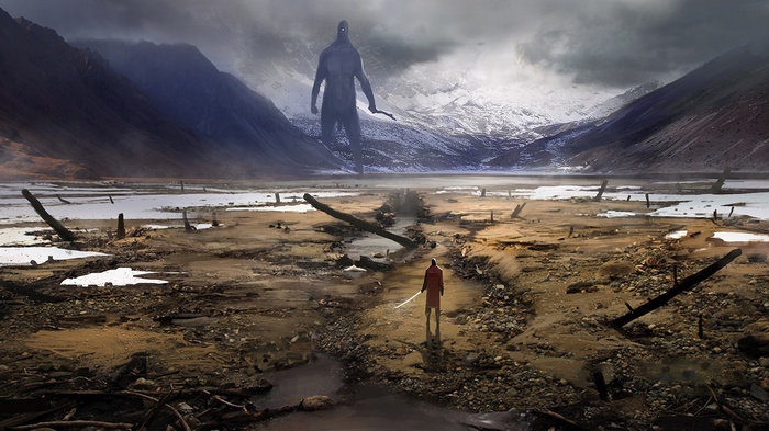 Giant figure facing a warrior in a desolate landscape