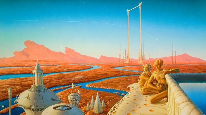 Futuristic city on Mars with two figures