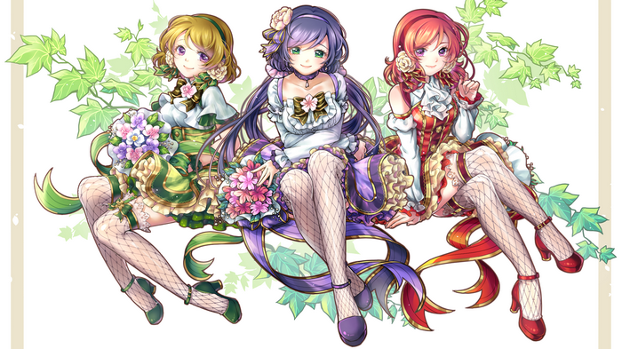 Three girls from Love Live! with flowers and vines