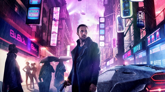 Officer K from Blade Runner 2049 in a neon city
