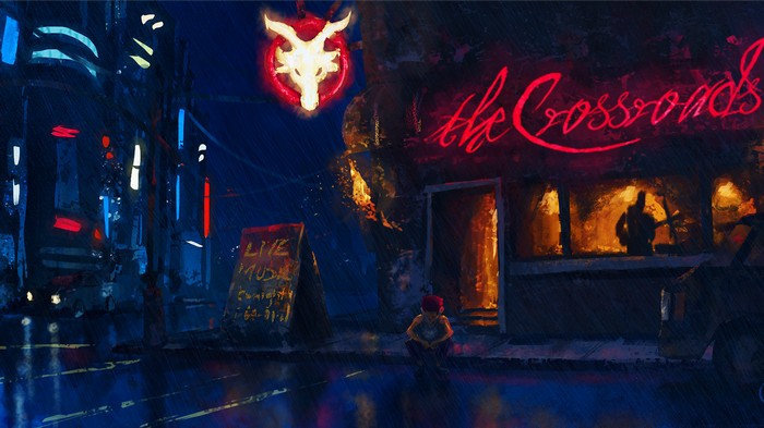 The Crossroads bar at night with neon lights