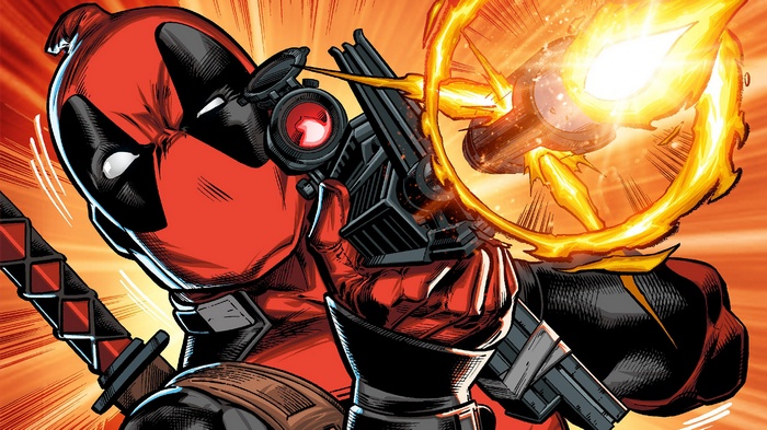 Deadpool from Marvel Comics firing a gun