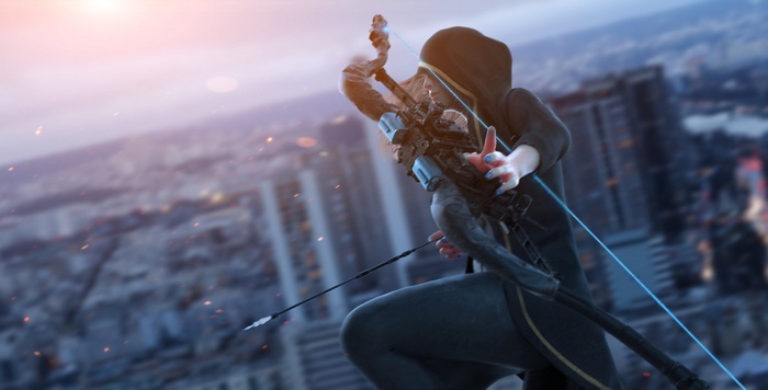 Woman with bow and arrow in a city