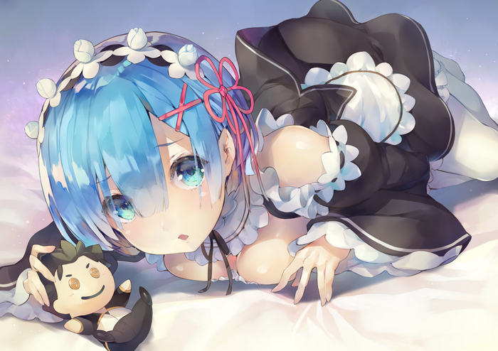 doll, blue eyes, cleavage, ribbon, Natsuki Subaru, maid, dress, blue hair, maid outfit, short hair, Rem (Re: Zero), thigh-highs, Re:Zero Kara Hajimeru Isekai Seikatsu