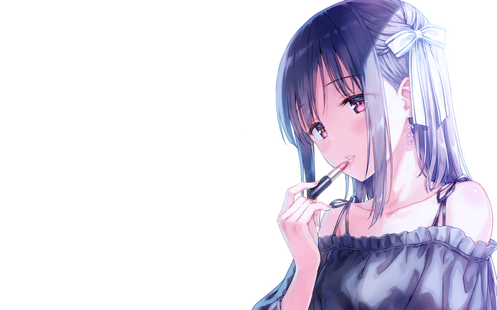 Anime girl applying lipstick with pink eyes and hair bow