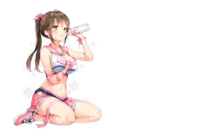 ponytail, cheerleaders, brunette, Anmi, skirt, white  background, drink, blushing, yellow eyes, navels, ribbon, long hair