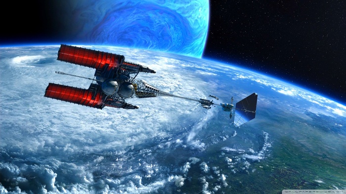 Spaceship near Earth and a blue planet