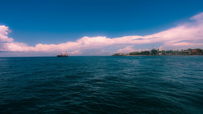 Cargo ship on the ocean with a coastal town in the background