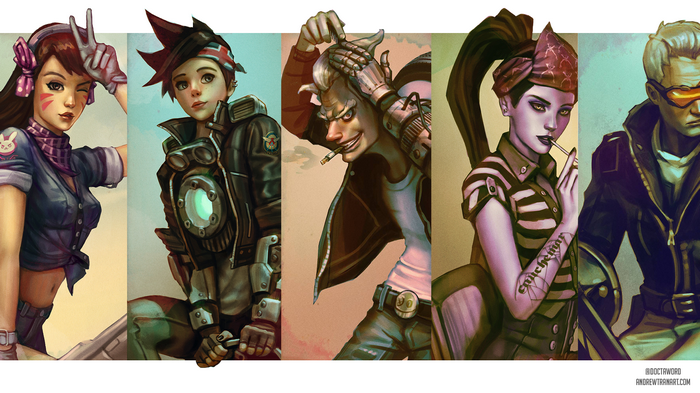 D.Va, Tracer, Junkrat, Widowmaker, and Soldier 76 from Overwatch