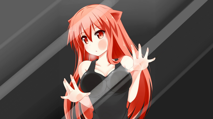 Anime girl with red hair pressing on glass