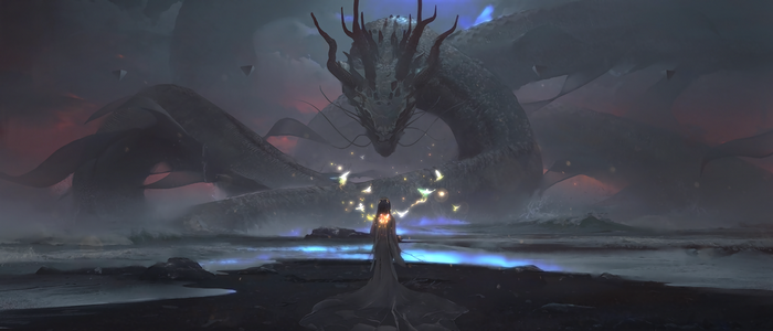 A woman and a dragon on a misty coast