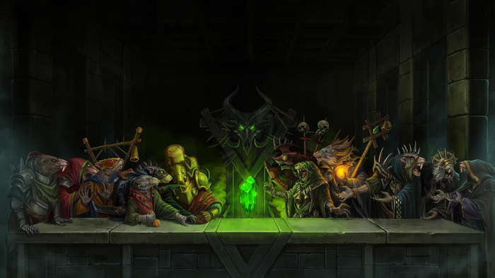 Skaven council gathered around a glowing crystal in Warhammer