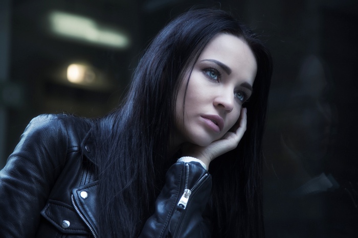 Angelina Petrova wearing a leather jacket