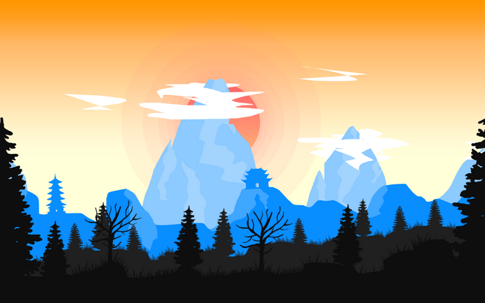 Digital art landscape of mountains with pagoda and trees at sunset