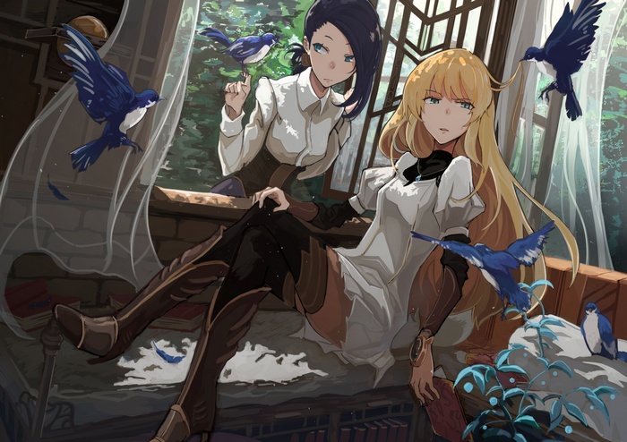 Two anime girls with birds by a window
