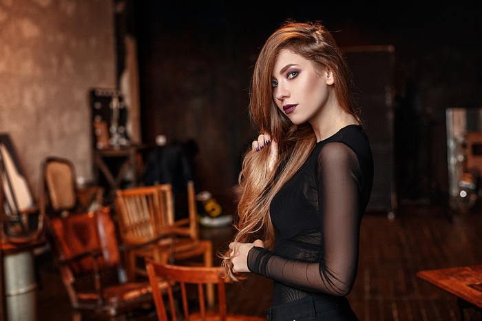 Vlad Popov, eyeshadow, Nadezhda Smetanina, women, black bras, hands in hair, portrait, face, brunette, see-through clothing, black clothing, blue eyes, standing, long hair