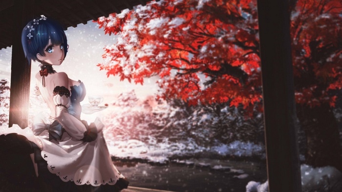 Rem from Re:Zero in a snowy landscape