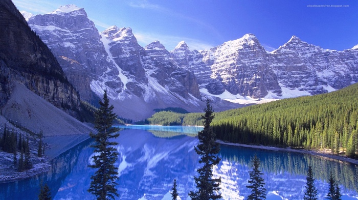 Moraine Lake with snow-capped mountains and pine forest