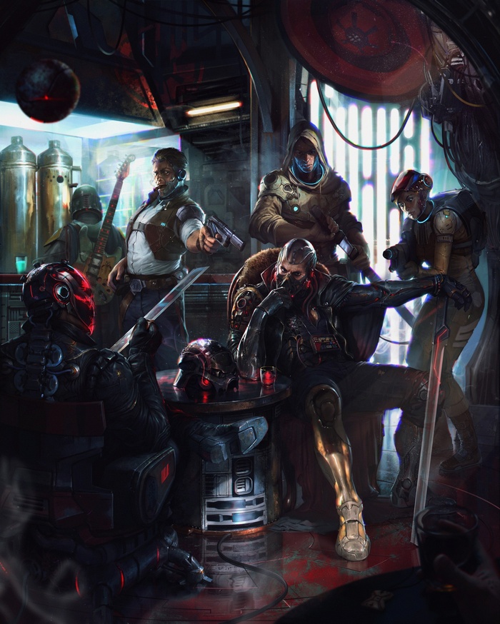 Cyberpunk characters gathered in a dimly lit bar