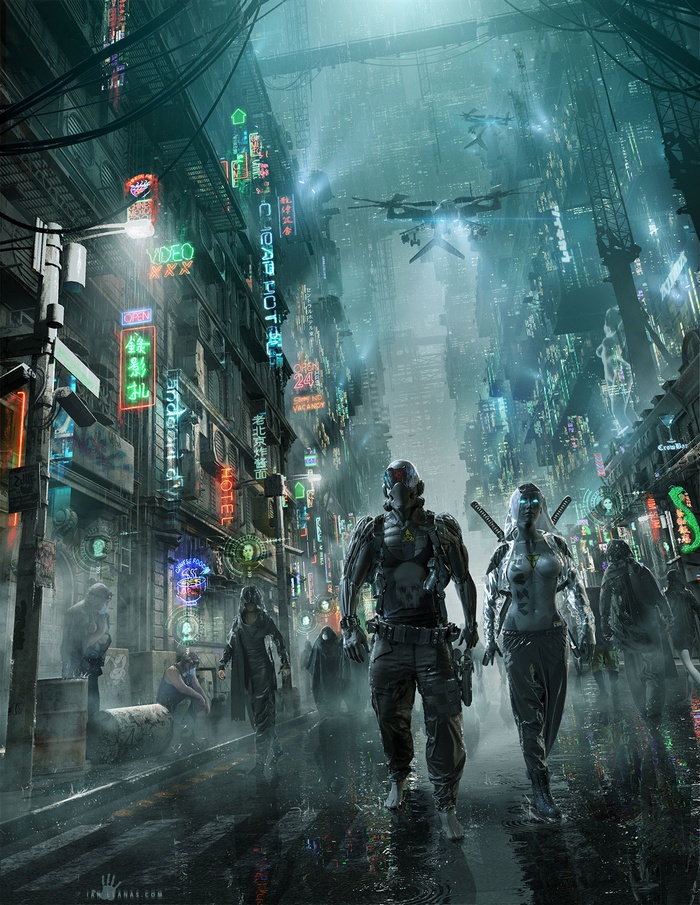 Cyberpunk city street with futuristic figures