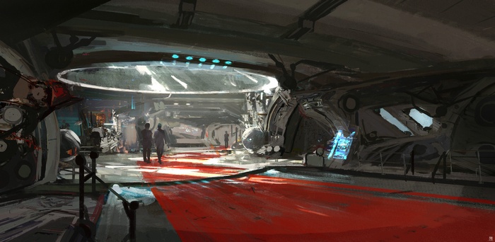 Futuristic interior with people walking on red carpet