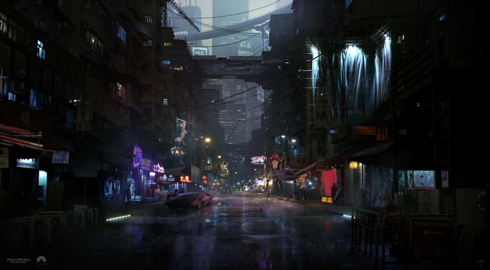 Cyberpunk city street at night with neon lights