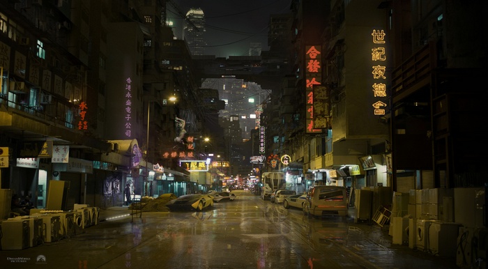 Cyberpunk city street at night with neon signs