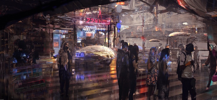 Cyberpunk street scene with people and futuristic vehicle