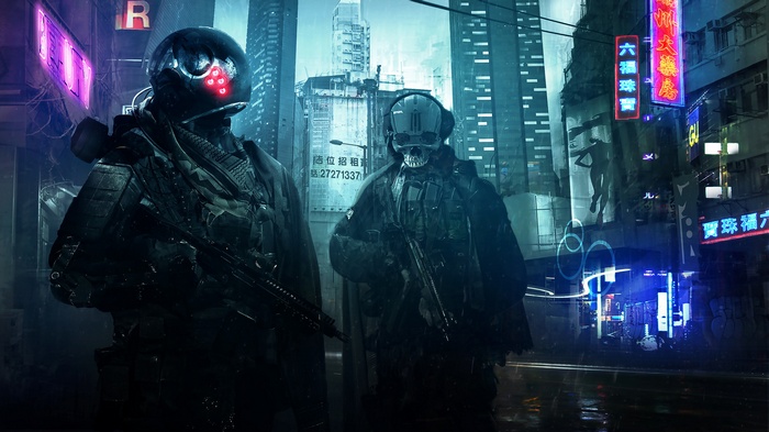 Two cybernetic soldiers in a futuristic city