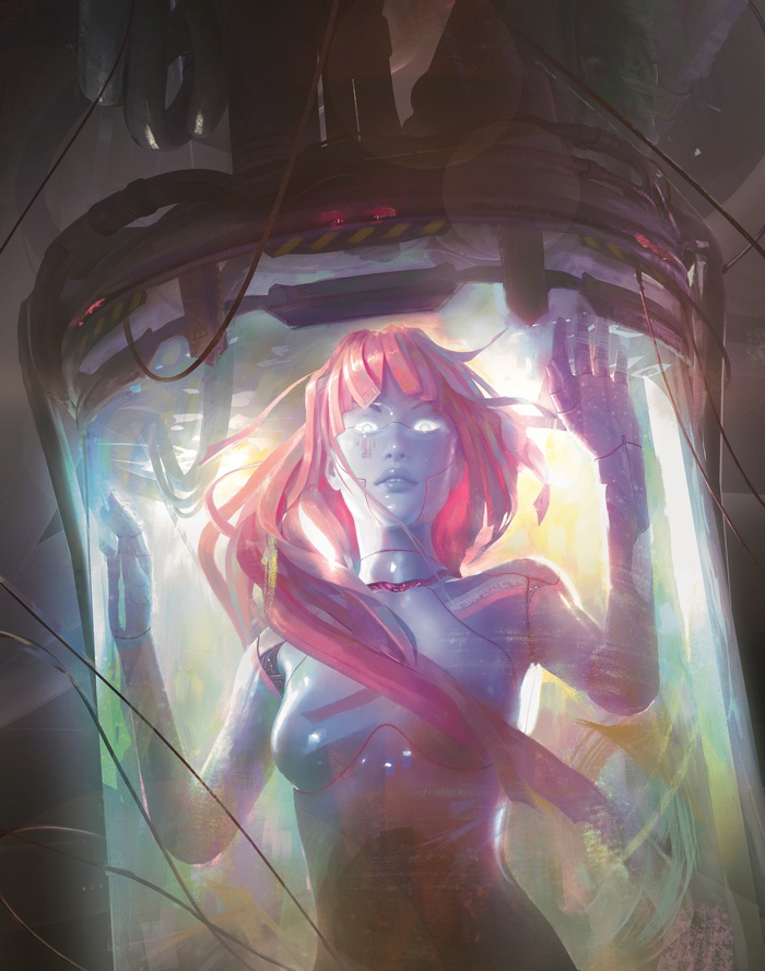 Cyborg woman with pink hair in a futuristic pod