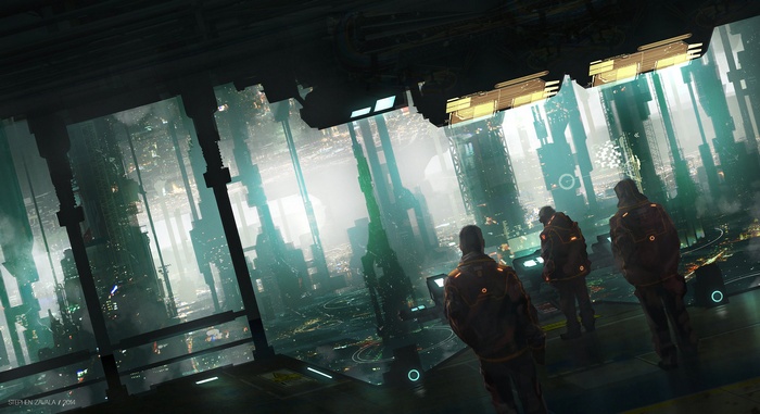 Four figures in futuristic city