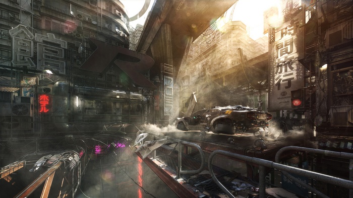 Cyberpunk city street with flying vehicle