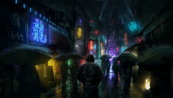 Cyberpunk street scene with neon signs and rain