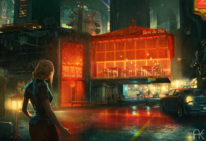Cyberpunk city street at night with a woman and a tea shop