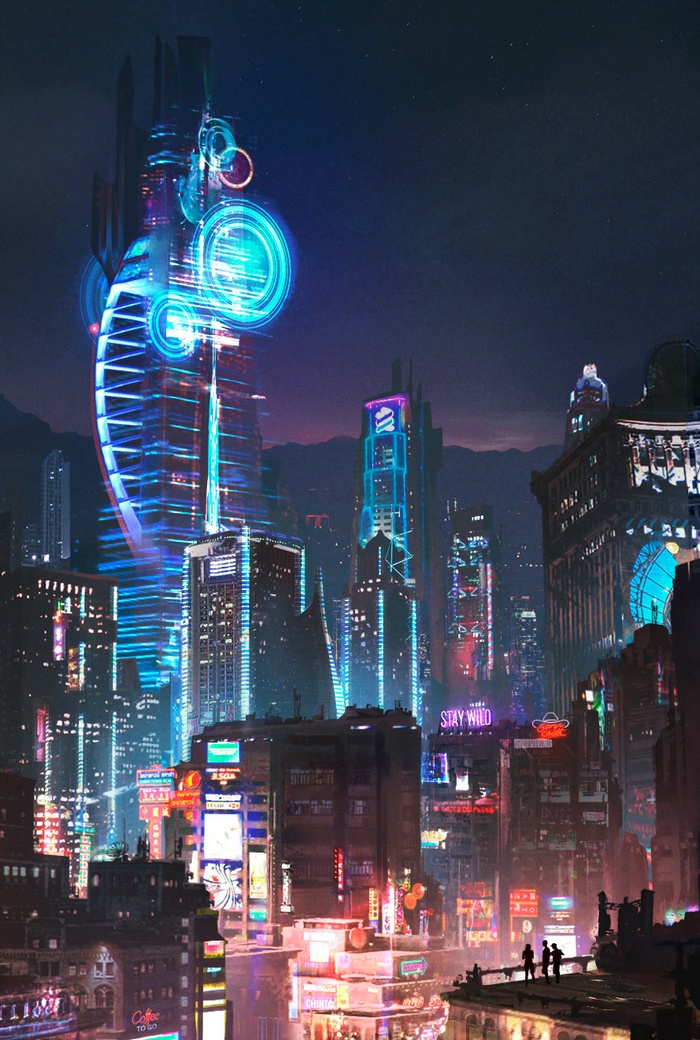 Cyberpunk city skyline at night with neon lights