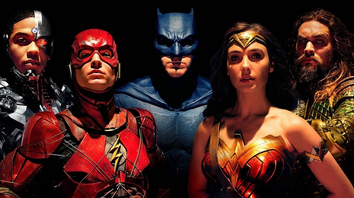 Justice League characters: Cyborg, Flash, Batman, Wonder Woman, Aquaman