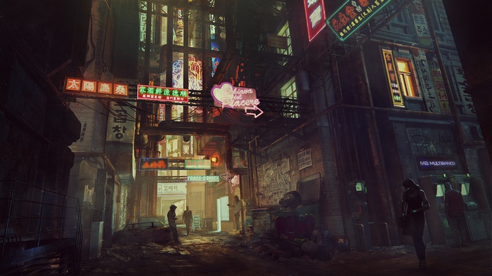 Cyberpunk city alley with neon signs