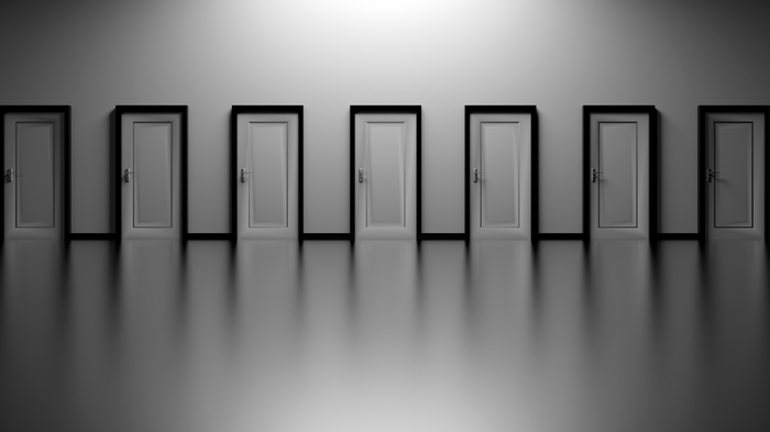 Minimalist monochrome scene with multiple doors and reflections