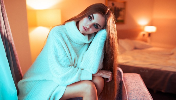 Woman in white sweater by Vitaly Plyaskin