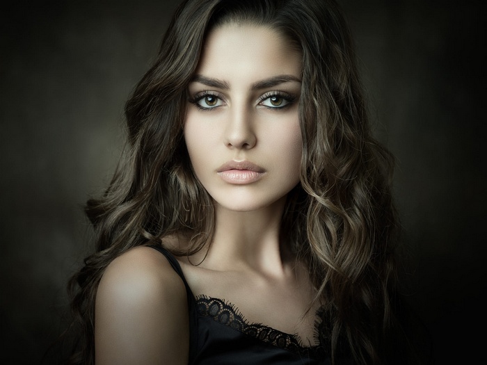 simple background, wavy hair, women, brunette, Michael Schnabl, face, long hair, portrait, green eyes, chemise