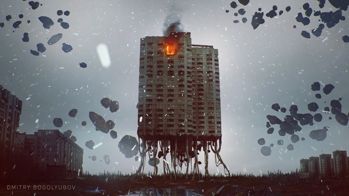 city, fantasy art, old building, Dmitry Bogolyubov, fire